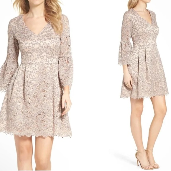 Eliza J Women’s‎ Lace Fit and Flare Tan Gray Bell Sleeve Dress Size 18 NWT/NEW - Picture 1 of 13